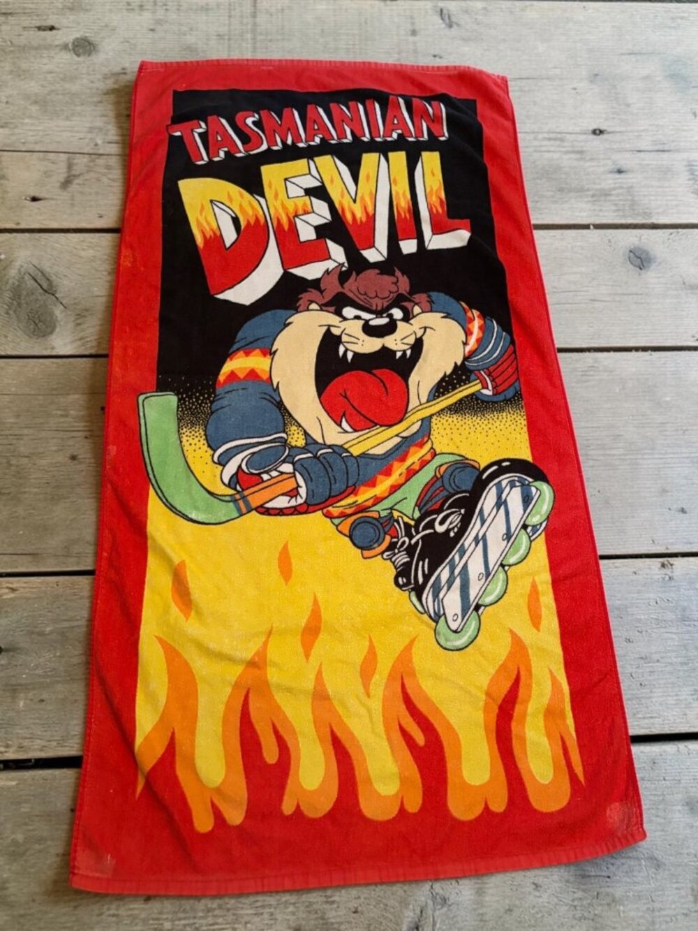 Vintage Tasmanian Devil Hockey Graphic Beach Towel Looney Tunes Red Flame Design
